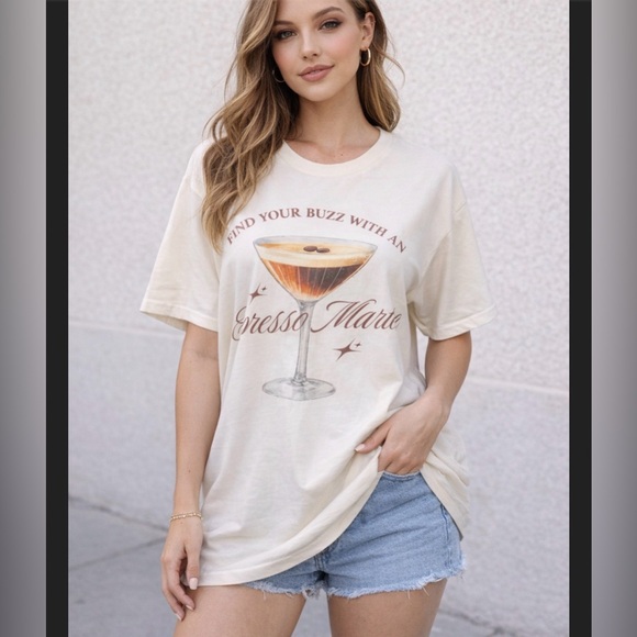 NWT btq Cream Graphic T-Shirt with Espresso Martini Design‎ oversized fit
